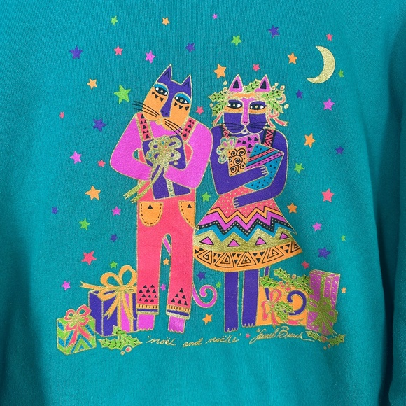 Vtg Laurel Burch Noel And Noella Graphic Cat Teal Green Sweatshirt Sz Large - Picture 2 of 11